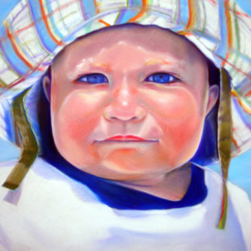 A heartwarming pastel portrait of baby Alexander, capturing his intense gaze, rosy cheeks, and the warmth of his first summer