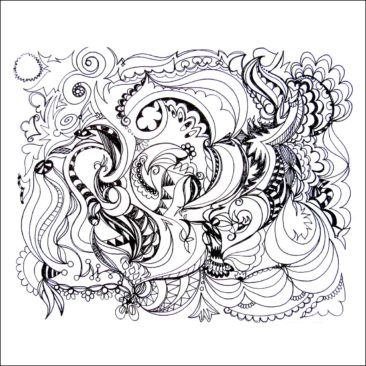 This dynamic ink drawing features intricate organic shapes and abstract forms, exploring the tension between chaos and order.